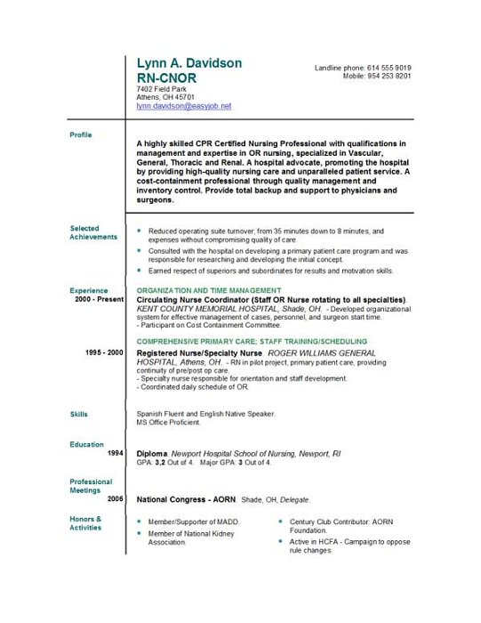 A sample resume for a nurse