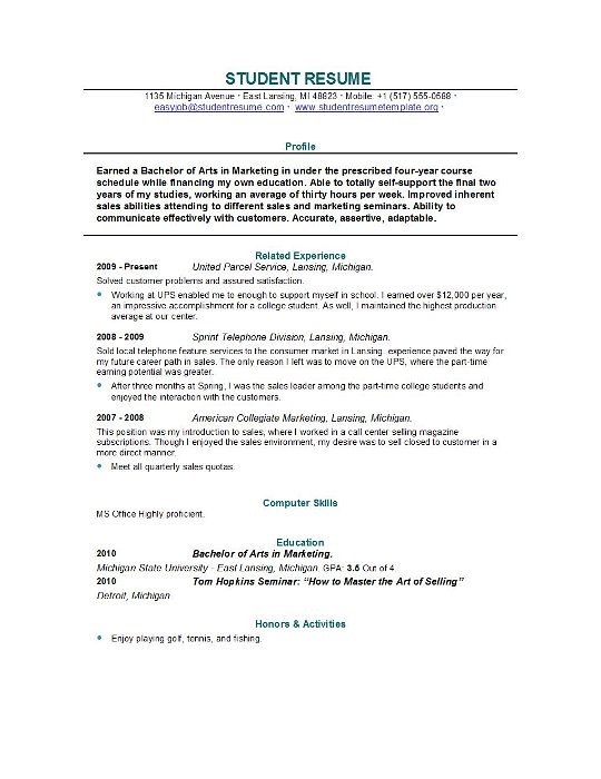 Sample College Student Resume Examples