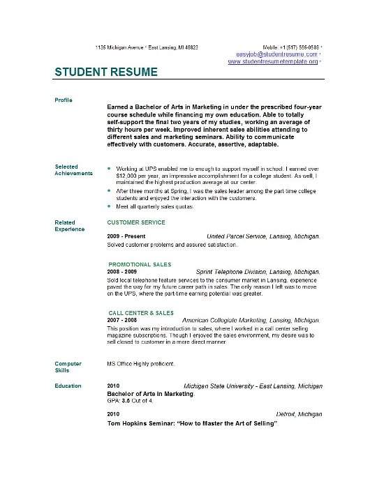 Sample College Student Resume Examples