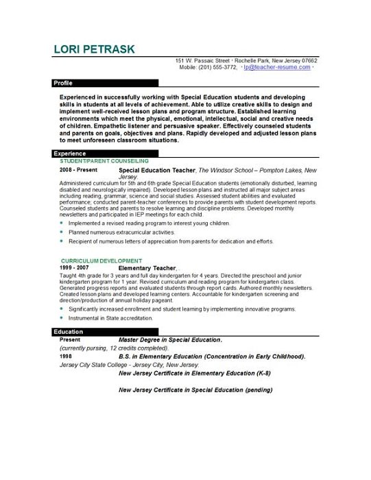 sample resume for elementary teachers